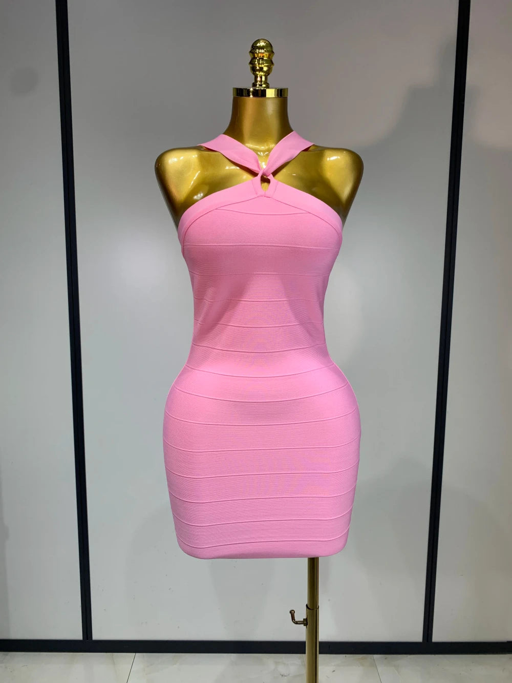 Pink Backless Bandage Mini Dress