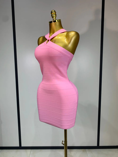 Pink Backless Bandage Mini Dress