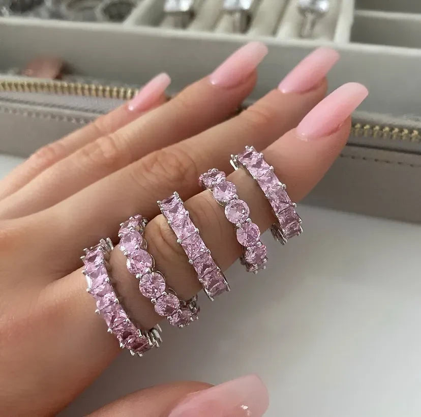 Silver Pink Cubic Zirconia Eternity Ring